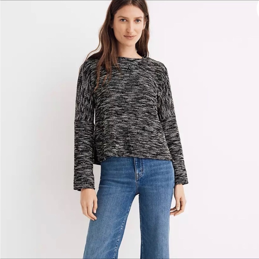 Madewell Sweater Button Shoulder Wide Sleeve Marled Black Knit Preppy XXS